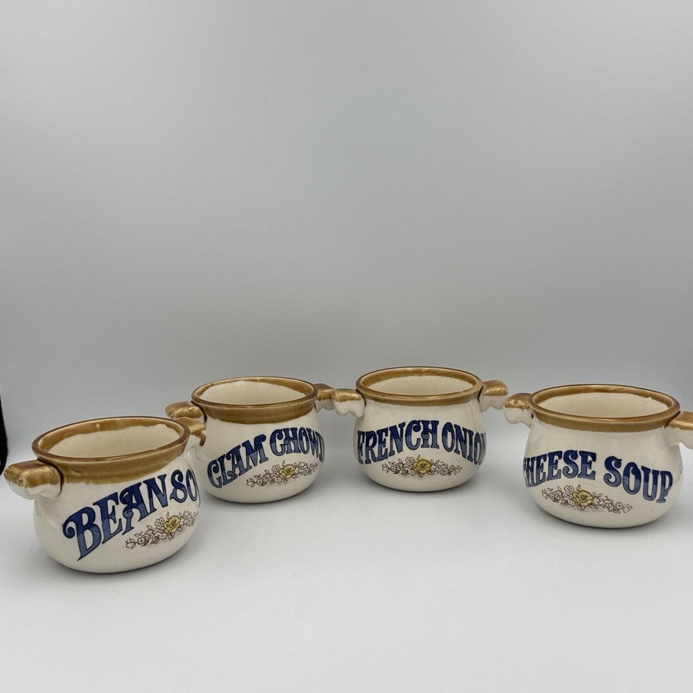 Vintage Set Of 4 1980s Soup Kettle Bowl Crocks Made in Japan 2 Handled